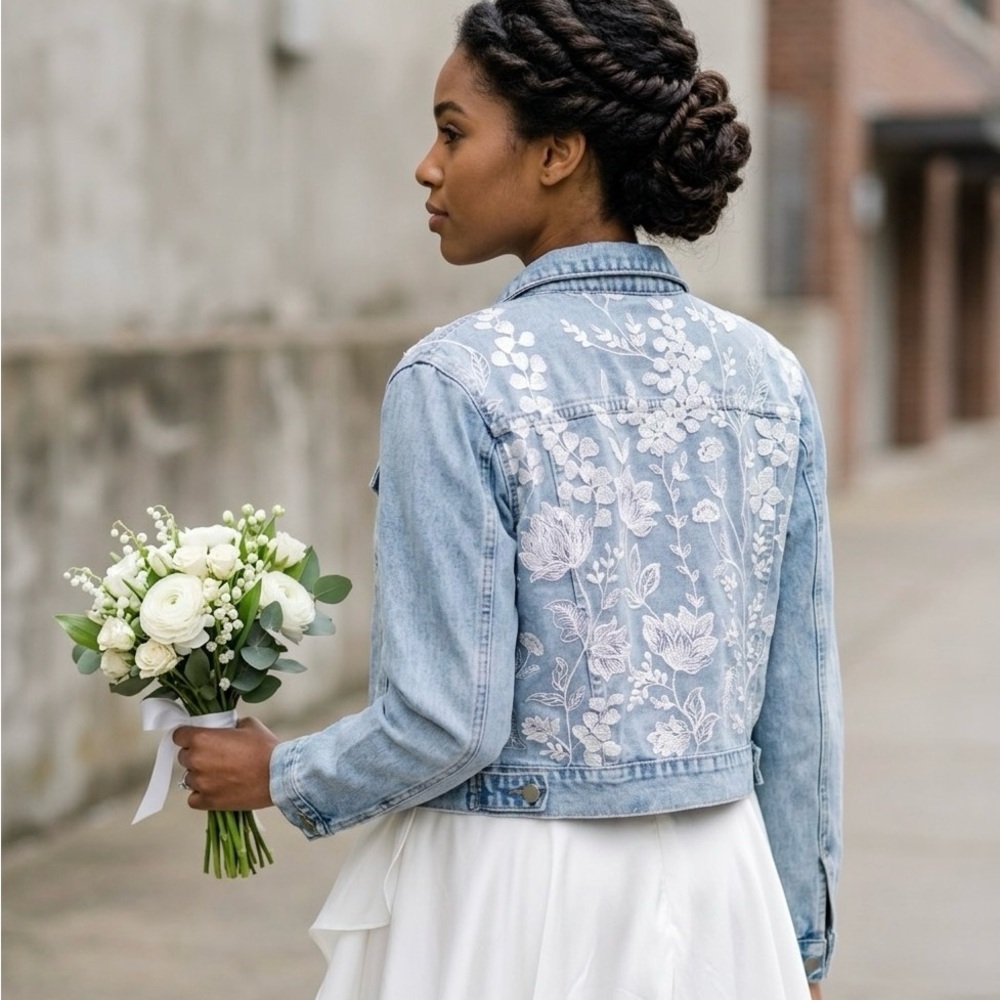 Handcrafted Embroidered Light Wash Denim Jacket - Bridal Wedding Jacket